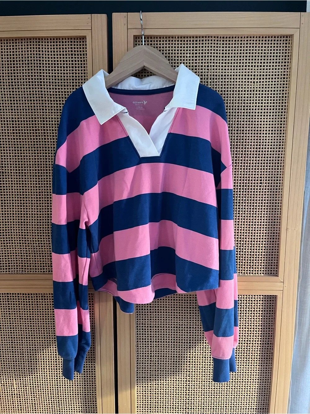 Old Navy Girls L Pink and Navy Striped V-Neck Rugby with White Collar
